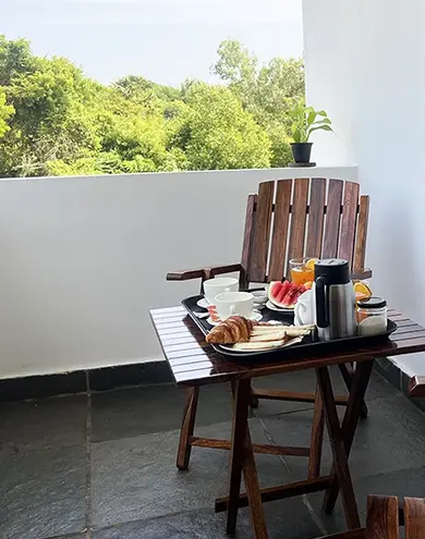 Private terrace with breakfast and forest view at Surya Villa